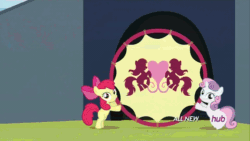 Size: 576x324 | Tagged: safe, screencap, apple bloom, bulk biceps, derpy hooves, fluttershy, rainbow dash, scootaloo, sweetie belle, pegasus, pony, equestria games (episode), animated, cutie mark crusaders, equestria games, female, flag, hoop, hub logo, hubble, mare, scootaloo can't fly, scooter, the hub