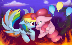 Size: 2346x1453 | Tagged: safe, artist:strangemoose, derpibooru import, pinkie pie, rainbow dash, earth pony, pegasus, pony, balloon, fire, serious