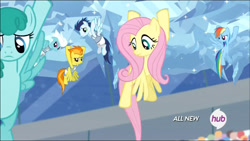 Size: 975x550 | Tagged: safe, screencap, fleetfoot, fluttershy, rainbow dash, soarin', spitfire, spring melody, sprinkle medley, pegasus, pony, equestria games (episode), equestria games, hub logo, ice, palindrome get