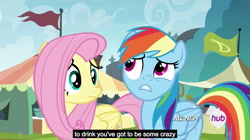 Size: 1280x719 | Tagged: safe, screencap, fluttershy, rainbow dash, pegasus, pony, trade ya, anti-drug, drinking, flag, hub logo, meme, outdoors, public service announcement, straight edge, tent, youtube caption