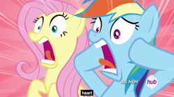 Size: 1280x719 | Tagged: safe, screencap, fluttershy, rainbow dash, pegasus, pony, trade ya, heart, hub logo, meme, screaming, youtube caption