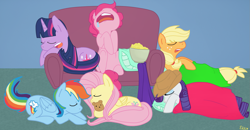 Size: 1929x1000 | Tagged: safe, artist:elliflame, derpibooru import, applejack, fluttershy, pinkie pie, rainbow dash, rarity, twilight sparkle, earth pony, pegasus, pony, unicorn, accessory swap, mane six, popcorn, sleeping, sleepover, sofa