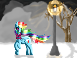 Size: 1600x1200 | Tagged: safe, artist:undeadparadox, rainbow dash, pegasus, pony, clothes, cutie mark, scarf, snow, solo, winter