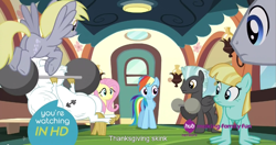 Size: 1439x762 | Tagged: safe, screencap, bulk biceps, derpy hooves, fluttershy, rainbow dash, thunderlane, pegasus, pony, equestria games (episode), female, hub logo, mare, meme, youtube caption