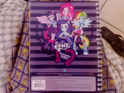 Size: 2560x1920 | Tagged: safe, artist:toonalexsora007, derpibooru import, pinkie pie, rainbow dash, rarity, twilight sparkle, equestria girls, hasbro logo, homer simpson, irl, merchandise, my little pony logo, notebook, photo, ponied up, sandals, spanish