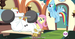 Size: 1536x811 | Tagged: safe, screencap, bulk biceps, fluttershy, rainbow dash, pegasus, pony, equestria games (episode), box, hub logo, meme, youtube caption