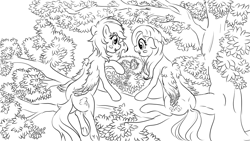 Size: 1024x576 | Tagged: safe, artist:vulthuryol00, derpibooru import, fluttershy, rainbow dash, pegasus, phoenix, pony, black and white, female, flutterdash, grayscale, lesbian, lineart, looking at something, monochrome, naturalist, nest, phoenix egg, shipping, tree