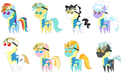 Size: 1642x996 | Tagged: safe, artist:zacatron94, derpibooru import, bulk biceps, cloudchaser, lightning dust, meadow flower, mercury, rainbow dash, starry eyes (character), sunshower raindrops, thunderlane, pegasus, pony, wonderbolts academy, chibi, clothes, female, goggles, male, mare, pointy ponies, simple background, stallion, transparent background, uniform, wonderbolt trainee uniform