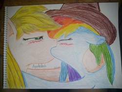 Size: 4128x3096 | Tagged: safe, derpibooru import, applejack, rainbow dash, earth pony, pegasus, pony, appledash, blushing, draw, drawing, female, hat, kissing, lesbian, shipping, twin