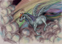 Size: 3508x2480 | Tagged: safe, artist:whobleyh, rainbow dash, pegasus, pony, cloud, cloudy, flying, realistic, solo