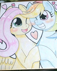 Size: 551x692 | Tagged: safe, artist:kiriya, fluttershy, rainbow dash, pegasus, pony, blushing, female, flutterdash, heart, lesbian, shipping, traditional art