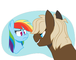 Size: 900x708 | Tagged: safe, artist:dbkit, dumbbell, rainbow dash, pegasus, pony, blushing, dumbdash, female, flustered, frown, male, shipping, smiling, straight, tsunderainbow, tsundere