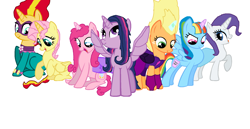 Size: 1867x966 | Tagged: safe, artist:diana173076, derpibooru import, applejack, fluttershy, pinkie pie, rainbow dash, rarity, sunset shimmer, twilight sparkle, twilight sparkle (alicorn), alicorn, earth pony, pegasus, pony, unicorn, halloween, mane six