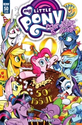 Size: 1054x1600 | Tagged: safe, artist:andypriceart, derpibooru import, idw, applejack, fluttershy, pinkie pie, princess celestia, princess luna, rainbow dash, rarity, spike, twilight sparkle, twilight sparkle (alicorn), alicorn, dragon, earth pony, pegasus, pony, unicorn, accord (arc), chaos theory (arc), conclusion: and chaos into the order came, spoiler:comic, spoiler:comic50, anniversary, cake, cover, equestria daily, food, mane six, mouth hold, present, signature