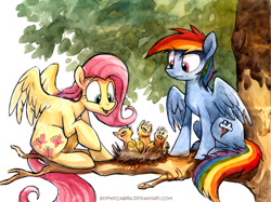Size: 695x521 | Tagged: safe, artist:kenket, artist:spainfischer, fluttershy, rainbow dash, bird, pegasus, pony, animal, duo, female, mare, nest, sitting, sitting in a tree, traditional art, tree, tree branch, watercolor painting
