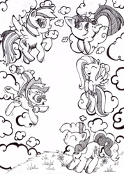 Size: 2468x3468 | Tagged: safe, artist:orka09, derpibooru import, applejack, fluttershy, pinkie pie, rainbow dash, twilight sparkle, earth pony, pegasus, pony, monochrome, traditional art