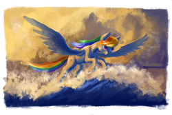 Size: 1772x1181 | Tagged: safe, artist:plainoasis, derpibooru import, rainbow dash, pegasus, pony, cloud, flying, smiling, solo, spread wings, water, wave