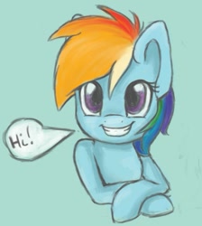 Size: 771x861 | Tagged: safe, artist:dbleki, derpibooru import, rainbow dash, pegasus, pony, blue background, cute, dashabetes, grin, looking at you, simple background, smiling, solo, traditional art