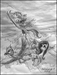 Size: 765x1004 | Tagged: safe, artist:natanatfan, derpibooru import, derpy hooves, fluttershy, rainbow dash, pegasus, pony, female, flying, grayscale, inktober, inktober 2016, mare, monochrome, sky, spread wings, traditional art, trio