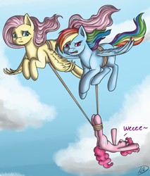 Size: 1100x1294 | Tagged: safe, artist:dreamyartcosplay, derpibooru import, fluttershy, pinkie pie, rainbow dash, earth pony, pegasus, pony, carrying, cloud, dialogue, female, flying, hanging, legs in air, mare, pinkie being pinkie, rainbow dash is not amused, rope, sky, spread wings, trio, varying degrees of amusement, wheeeee, windswept hair, windswept mane, worried