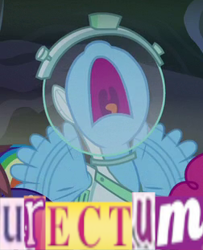 Size: 252x311 | Tagged: safe, derpibooru import, edit, edited screencap, screencap, rainbow dash, pegasus, pony, scare master, astrodash, caption, clothes, costume, expand dong, exploitable meme, futurama, meme, nightmare night, nightmare night costume, solo, uranus, urectum