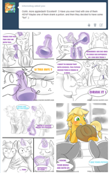 Size: 651x1023 | Tagged: safe, artist:sion, derpibooru import, applejack, applejack (male), rainbow dash, twilight sparkle, earth pony, pegasus, pony, appledash, appledash (straight), comic, female, grammar error, grayscale, half r63 shipping, male, monochrome, neo noir, partial color, potion, rule 63, science, shipping, straight, tumblr, tumblr comic