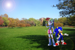 Size: 1800x1200 | Tagged: safe, artist:trungtranhaitrung, derpibooru import, rainbow dash, equestria girls, 3d, building, crossover, equestria girls in real life, interspecies, male, park, shade, shipping, sonic the hedgehog, sonic the hedgehog (series), sonicdash, straight, sun, tree
