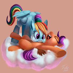 Size: 900x900 | Tagged: safe, artist:tsitra360, rainbow dash, scootaloo, pegasus, pony, cloud, cute, kallisti, laughing, on back, puffy cheeks, raspberry, scootalove, smiling, tickling, tummy buzz, underhoof