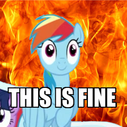 Size: 263x263 | Tagged: safe, derpibooru import, edit, edited screencap, screencap, rainbow dash, twilight sparkle, pegasus, pony, top bolt, caption, faic, fire, image macro, meme, reaction image, smiling, text, this is fine, thousand yard stare