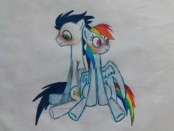 Size: 1024x768 | Tagged: safe, artist:smkorea, rainbow dash, soarin', pegasus, pony, blushing, female, male, nervous, shipping, sitting, soarindash, straight, traditional art