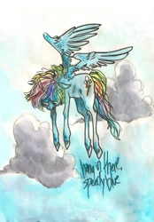 Size: 1280x1844 | Tagged: safe, artist:otter-cha0s, rainbow dash, pegasus, pony, testing testing 1-2-3, depressed, flying, sad, scene interpretation, solo, traditional art, watercolor painting