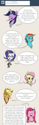 Size: 599x1920 | Tagged: safe, artist:dreamingnoctis, derpibooru import, applejack, fluttershy, pinkie pie, rainbow dash, rarity, twilight sparkle, earth pony, pegasus, pony, unicorn, ask asylum twilight, glasses, horn cap, magic suppression, mane six, neck bow, pinkamena diane pie, stuttering