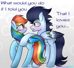 Size: 1024x951 | Tagged: safe, artist:northlights8, derpibooru import, rainbow dash, soarin', pegasus, pony, colored wings, colored wingtips, male, shipping, soarindash, straight