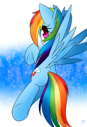 Size: 557x808 | Tagged: safe, artist:ranban, rainbow dash, pegasus, pony, abstract background, colored pupils, female, flying, looking at you, looking back, looking back at you, mare, pixiv, plot, solo, spread wings, underhoof, wings