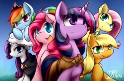 Size: 1280x832 | Tagged: safe, artist:dshou, derpibooru import, applejack, fluttershy, pinkie pie, rainbow dash, rarity, twilight sparkle, earth pony, pegasus, pony, unicorn, mane six