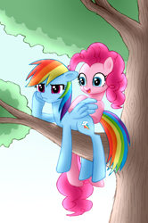 Size: 660x996 | Tagged: safe, artist:asdf314159265, derpibooru import, pinkie pie, rainbow dash, earth pony, pegasus, pony, female, lesbian, pinkiedash, shipping, straddling, tree, tree branch