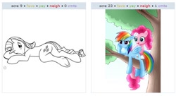 Size: 528x288 | Tagged: safe, derpibooru import, pinkie pie, rainbow dash, rarity, earth pony, pegasus, pony, unicorn, exploitable meme, juxtaposition, juxtaposition win, meme, meta, plot