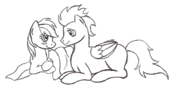 Size: 1024x515 | Tagged: safe, artist:olykins, rainbow dash, soarin', pegasus, pony, blanket, blushing, female, lying, male, monochrome, shipping, sketch, smiling, soarindash, straight, traditional art