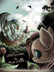 Size: 1200x1600 | Tagged: safe, artist:anchor, fluttershy, rainbow dash, pegasus, pony, apple, fluffy, pixiv, scenery, town hall