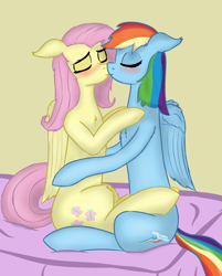 Size: 1500x1870 | Tagged: safe, artist:laserbiskit, derpibooru import, fluttershy, rainbow dash, pegasus, pony, bed, blushing, chest fluff, cuddling, cutie mark, eyes closed, female, floppy ears, flutterdash, kissing, lesbian, mare, shipping, simple background, sitting, snuggling