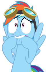 Size: 1978x3022 | Tagged: safe, artist:sketchmcreations, derpibooru import, rainbow dash, pegasus, pony, top bolt, goggles, scared, simple background, solo, transparent background, vector, worried