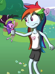 Size: 1280x1732 | Tagged: safe, artist:liggliluff, rainbow dash, oc, oc:skyberry cheesecake, breezie, equestria girls, antennae, antennaed humanization, cleavage, clothes, fairy, female, humanized, shorts, skirt, tanktop, winged humanization