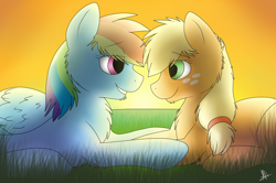 Size: 2190x1455 | Tagged: safe, artist:aishaarts, derpibooru import, applejack, rainbow dash, earth pony, pegasus, pony, appledash, chest fluff, female, fluffy, grass, lesbian, mare, shipping, smiling