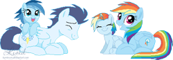 Size: 517x179 | Tagged: safe, artist:kumkrum, rainbow dash, soarin', oc, oc:ragtag, oc:shooting star, pegasus, pony, backwards cutie mark, daddy soarin', family, female, lying, male, momma dash, offspring, old cutie mark, parent:rainbow dash, parent:soarin', parents:soarindash, pixel art, shipping, smiling, soarindash, straight