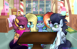 Size: 1024x654 | Tagged: safe, artist:northlights8, derpibooru import, rainbow dash, scootaloo, soarin', pegasus, pony, colored wings, colored wingtips, fanfic, fanfic art, male, offspring, parent:rainbow dash, parent:soarin', parents:soarindash, shipping, soarindash, straight