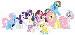 Size: 1303x613 | Tagged: safe, artist:kumkrum, bon bon, fluttershy, lotus blossom, nurse redheart, rainbow dash, rarity, roseluck, sunny daze, sweetie belle, sweetie drops, pegasus, pony, unicorn, spa pony