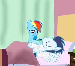 Size: 955x836 | Tagged: safe, artist:rulette, rainbow dash, soarin', pegasus, pony, rainbow falls, alternate scenario, bandage, bed, eyes closed, female, frown, injured, male, on back, sad, shipping, soarindash, straight