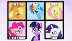 Size: 1280x720 | Tagged: safe, derpibooru import, applejack, fluttershy, pinkie pie, rainbow dash, rarity, twilight sparkle, earth pony, pegasus, pony, unicorn, deviantart, image macro