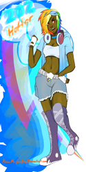 Size: 1000x2000 | Tagged: safe, artist:konamcglumdrop, rainbow dash, human, adonis belt, boots, clothes, converse, dark skin, fingerless gloves, gloves, goggles, headphones, humanized, midriff, shoes, shorts, solo