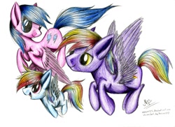 Size: 1024x744 | Tagged: safe, artist:kobra333, firefly, rainbow blaze, rainbow dash, pegasus, pony, g1, family, female, filly, fireblaze, flying, male, shipping, straight, traditional art, younger